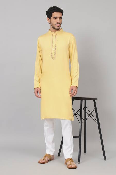 Hilo Design Yellow Gingham Embroidery Kiiro Placket Kurta Online at Aza Fashions Hilo Design_Yellow Gingham Embroidery Kiiro Placket Kurta_Online_at_Aza_Fashions