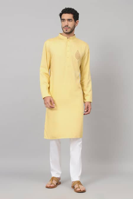 Hilo Design Yellow Giza Cotton Embroidery Zari Thread Maize Paisley Placement Kurta 