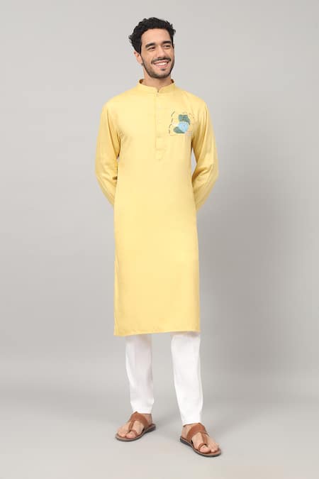 Hilo Design Yellow Giza Cotton Embroidery Thread Amarillo Abstract Placement Kurta 