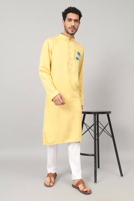 Hilo Design_Yellow Gingham Embroidery Amarillo Abstract Placement Kurta_Online_at_Aza_Fashions