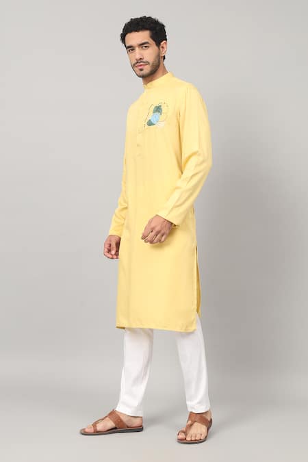 Buy_Hilo Design_Yellow Gingham Embroidery Amarillo Abstract Placement Kurta_Online_at_Aza_Fashions