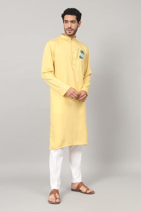 Shop_Hilo Design_Yellow Gingham Embroidery Amarillo Abstract Placement Kurta_Online_at_Aza_Fashions