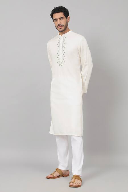 Buy_Hilo Design_Off White Gingham Embroidery Floral Placket Kurta_Online_at_Aza_Fashions
