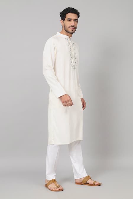 Shop_Hilo Design_Off White Gingham Embroidery Floral Placket Kurta_Online_at_Aza_Fashions