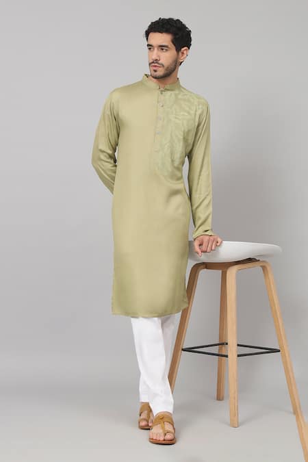 Hilo Design_Green Gingham Embroidery Sylvan Leaf Placement Kurta_Online_at_Aza_Fashions
