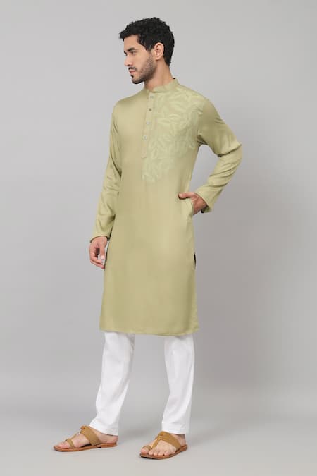 Buy_Hilo Design_Green Gingham Embroidery Sylvan Leaf Placement Kurta_Online_at_Aza_Fashions