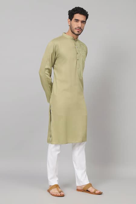 Shop_Hilo Design_Green Gingham Embroidery Sylvan Leaf Placement Kurta_Online_at_Aza_Fashions