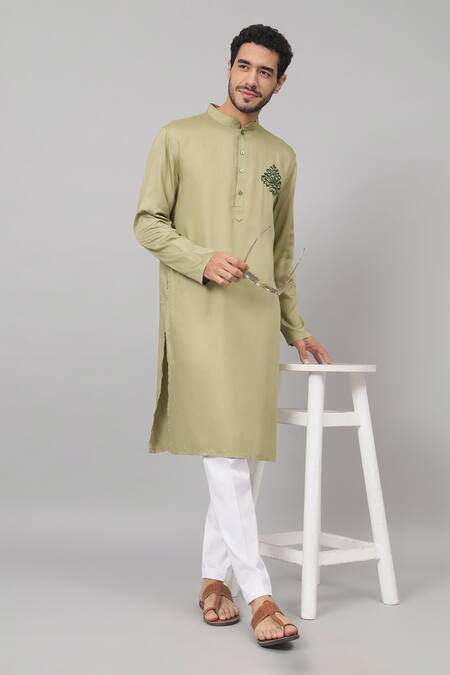 Hilo Design_Green Gingham Embroidery Laurel Placement Kurta_Online_at_Aza_Fashions