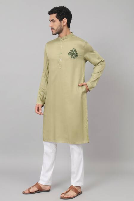 Buy_Hilo Design_Green Gingham Embroidery Laurel Placement Kurta_Online_at_Aza_Fashions