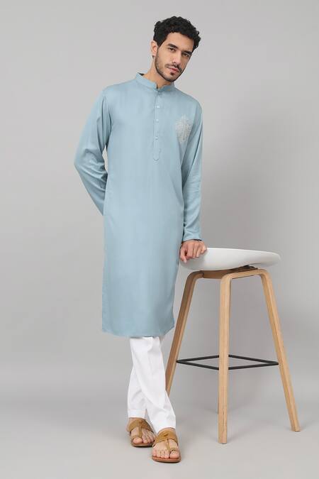 Hilo Design_Blue Gingham Embroidery Resham Placement Kurta_Online_at_Aza_Fashions