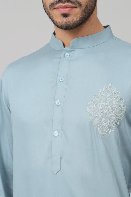 Hilo Design_Blue Gingham Embroidery Resham Placement Kurta_at_Aza_Fashions