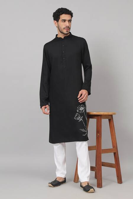 Hilo Design Black Gingham Embroidery Stem Placement Kurta Online at Aza Fashions Hilo Design_Black Gingham Embroidery Stem Placement Kurta_Online_at_Aza_Fashions