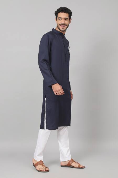 Shop Hilo Design Blue Gingham Embroidery Botanical Placement Kurta Online at Aza Fashions Shop_Hilo Design_Blue Gingham Embroidery Botanical Placement Kurta_Online_at_Aza_Fashions