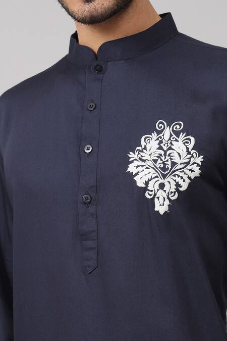 Hilo Design Blue Gingham Embroidery Botanical Placement Kurta at Aza Fashions Hilo Design_Blue Gingham Embroidery Botanical Placement Kurta_at_Aza_Fashions