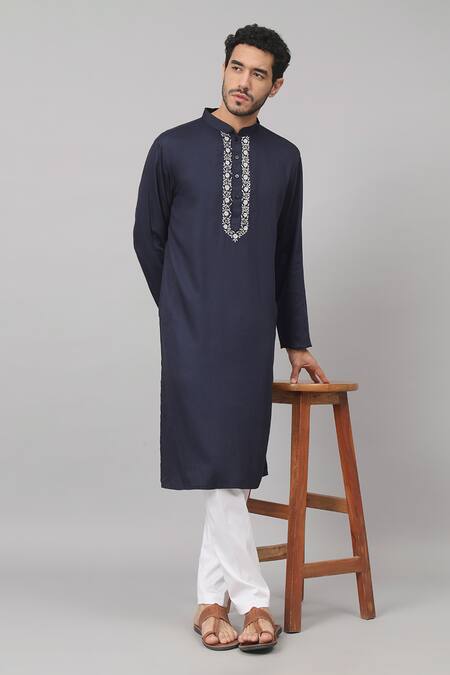 Hilo Design Blue Gingham Embroidery Marinho Floral Placket Kurta Online at Aza Fashions Hilo Design_Blue Gingham Embroidery Marinho Floral Placket Kurta_Online_at_Aza_Fashions