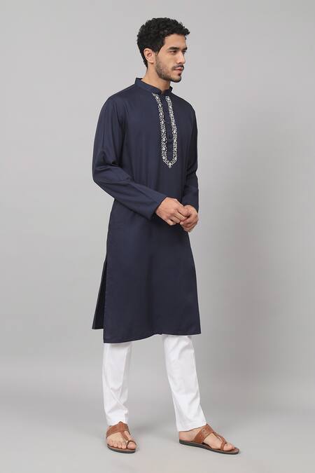Shop Hilo Design Blue Gingham Embroidery Marinho Floral Placket Kurta Online at Aza Fashions Shop_Hilo Design_Blue Gingham Embroidery Marinho Floral Placket Kurta_Online_at_Aza_Fashions