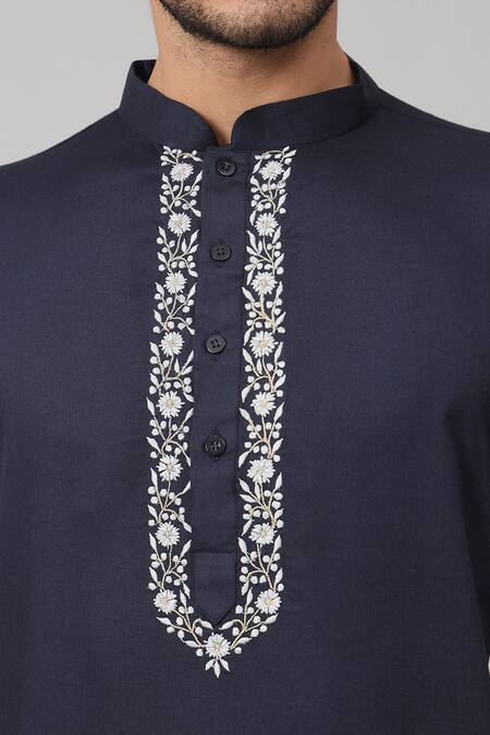 Hilo Design Blue Gingham Embroidery Marinho Floral Placket Kurta at Aza Fashions Hilo Design_Blue Gingham Embroidery Marinho Floral Placket Kurta_at_Aza_Fashions
