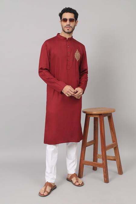 Hilo Design Maroon Gingham Zari Rosso Thread Placement Embroidered Kurta Online at Aza Fashions Hilo Design_Maroon Gingham Zari Rosso Thread Placement Embroidered Kurta_Online_at_Aza_Fashions