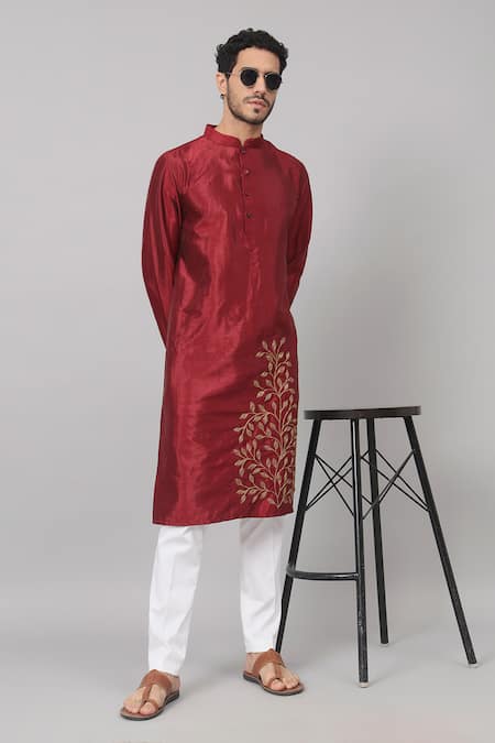 Hilo Design_Maroon Silk Embroidery Leaves Border Kurta _Online_at_Aza_Fashions
