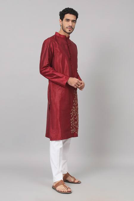 Shop_Hilo Design_Maroon Silk Embroidery Leaves Border Kurta _Online_at_Aza_Fashions