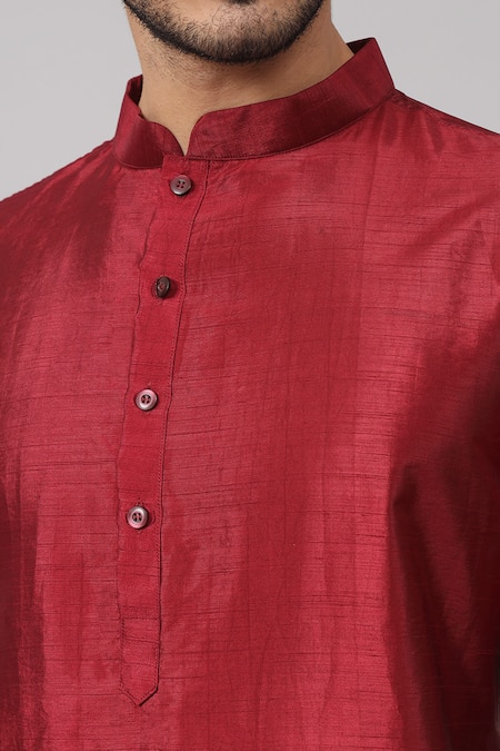 Hilo Design_Maroon Silk Embroidery Leaves Border Kurta _at_Aza_Fashions