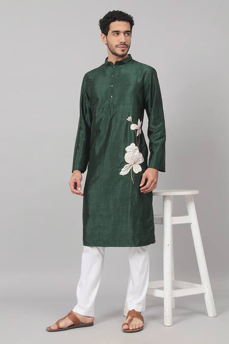 Hilo Design_Green Silk Embroidery Wijze Flower Patchwork Embellished Kurta _Online_at_Aza_Fashions
