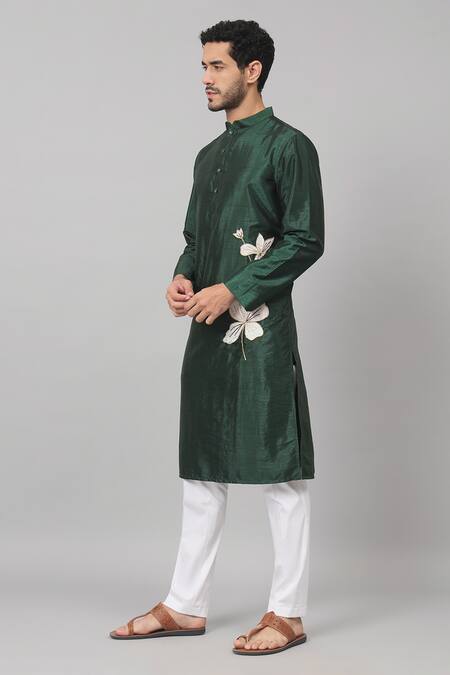 Buy_Hilo Design_Green Silk Embroidery Wijze Flower Patchwork Embellished Kurta _Online_at_Aza_Fashions