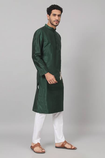 Shop_Hilo Design_Green Silk Embroidery Wijze Flower Patchwork Embellished Kurta _Online_at_Aza_Fashions