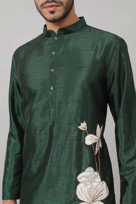 Hilo Design_Green Silk Embroidery Wijze Flower Patchwork Embellished Kurta _at_Aza_Fashions