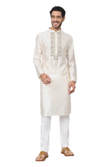 Shop_Hilo Design_Off White Silk, Satin Embroidery Floral Vine Placket Kurta _Online_at_Aza_Fashions