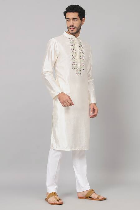 Buy_Hilo Design_Off White Silk, Satin Embroidery Floral Vine Placket Kurta 