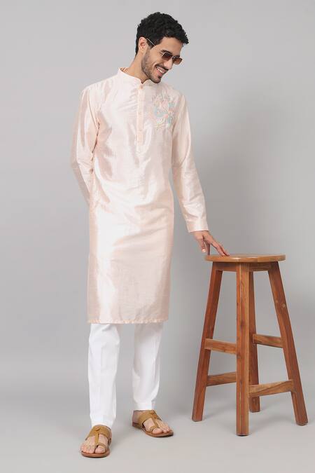Hilo Design Peach Silk Embroidery Taozi Resham Floral Kurta Online at Aza Fashions Hilo Design_Peach Silk Embroidery Taozi Resham Floral Kurta _Online_at_Aza_Fashions