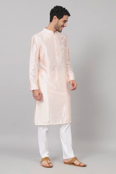 Shop Hilo Design Peach Silk Embroidery Taozi Resham Floral Kurta Online at Aza Fashions Shop_Hilo Design_Peach Silk Embroidery Taozi Resham Floral Kurta _Online_at_Aza_Fashions