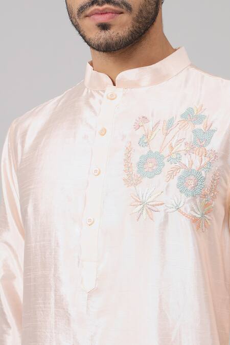 Hilo Design Peach Silk Embroidery Taozi Resham Floral Kurta at Aza Fashions Hilo Design_Peach Silk Embroidery Taozi Resham Floral Kurta _at_Aza_Fashions
