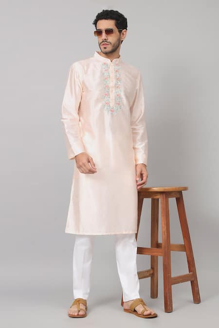 Hilo Design Peach Silk Embroidery Oxlip Floral Placket Kurta Online at Aza Fashions Hilo Design_Peach Silk Embroidery Oxlip Floral Placket Kurta _Online_at_Aza_Fashions