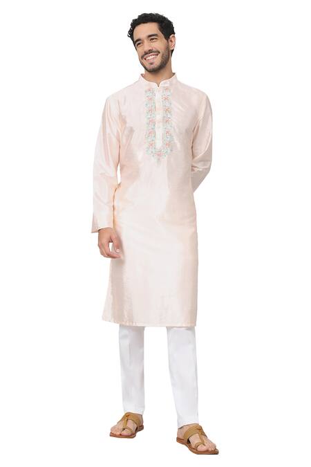 Shop Hilo Design Peach Silk Embroidery Oxlip Floral Placket Kurta Online at Aza Fashions Shop_Hilo Design_Peach Silk Embroidery Oxlip Floral Placket Kurta _Online_at_Aza_Fashions