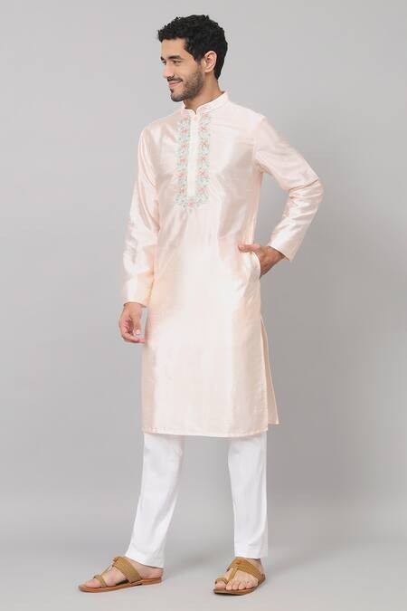 Hilo Design Peach Silk Embroidery Oxlip Floral Placket Kurta at Aza Fashions Hilo Design_Peach Silk Embroidery Oxlip Floral Placket Kurta _at_Aza_Fashions