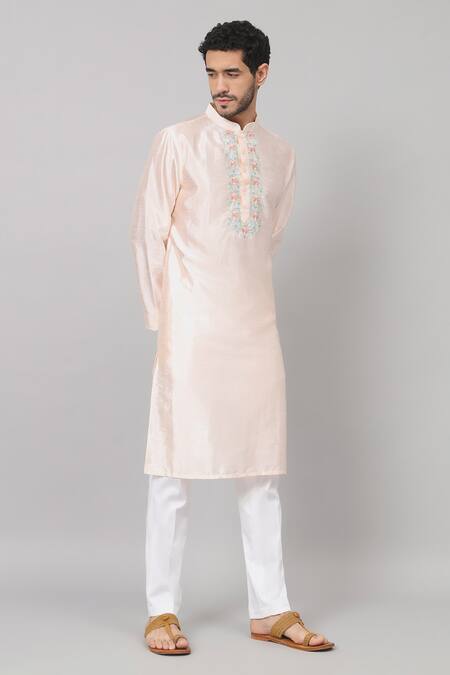 Buy Hilo Design Peach Silk Embroidery Oxlip Floral Placket Kurta Buy_Hilo Design_Peach Silk Embroidery Oxlip Floral Placket Kurta