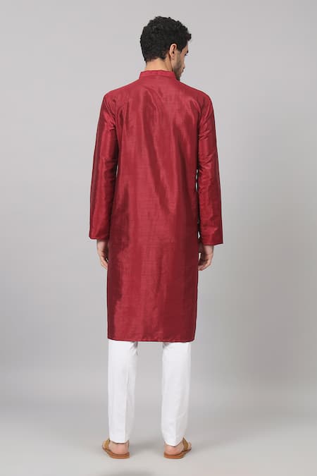 Shop_Hilo Design_Maroon Silk, Satin Embroidery Claret Floral Placket Kurta _at_Aza_Fashions