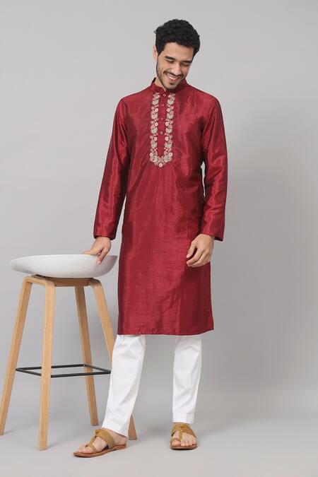 Hilo Design_Maroon Silk, Satin Embroidery Claret Floral Placket Kurta _Online_at_Aza_Fashions
