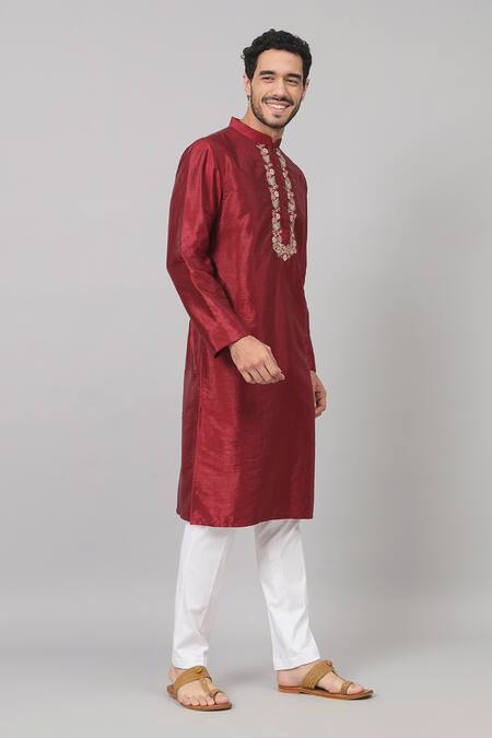 Shop_Hilo Design_Maroon Silk, Satin Embroidery Claret Floral Placket Kurta _Online_at_Aza_Fashions