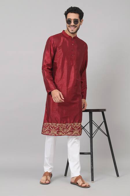 Hilo Design Maroon Silk Zari Rubyino Border Embroidered Kurta Online at Aza Fashions Hilo Design_Maroon Silk Zari Rubyino Border Embroidered Kurta _Online_at_Aza_Fashions