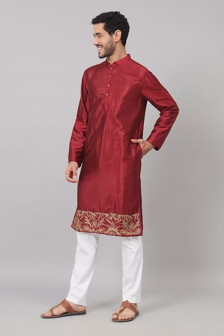 Buy Hilo Design Maroon Silk Zari Rubyino Border Embroidered Kurta Online at Aza Fashions Buy_Hilo Design_Maroon Silk Zari Rubyino Border Embroidered Kurta _Online_at_Aza_Fashions