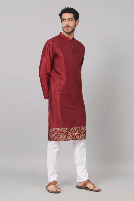 Shop Hilo Design Maroon Silk Zari Rubyino Border Embroidered Kurta Online at Aza Fashions Shop_Hilo Design_Maroon Silk Zari Rubyino Border Embroidered Kurta _Online_at_Aza_Fashions