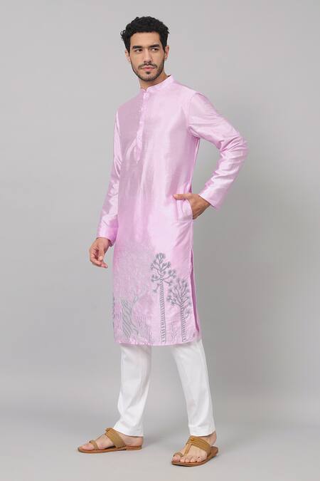 Hilo Design Purple Silk Embroidery Lila Orchid Placement Kurta at Aza Fashions Hilo Design_Purple Silk Embroidery Lila Orchid Placement Kurta _at_Aza_Fashions