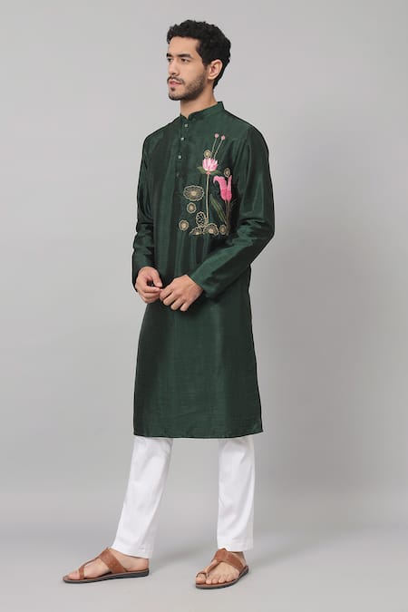 Buy Hilo Design Green Silk Embroidery Varen Fern Placement Kurta Online at Aza Fashions Buy_Hilo Design_Green Silk Embroidery Varen Fern Placement Kurta _Online_at_Aza_Fashions