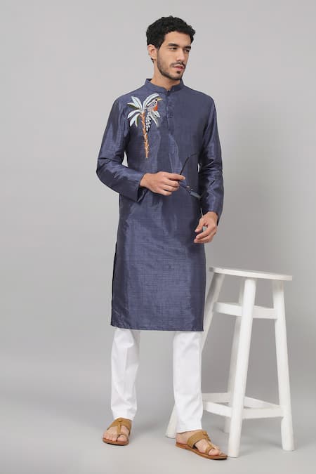 Hilo Design_Blue Silk, Satin Embroidery Sapp Tropical Placement Kurta _Online_at_Aza_Fashions