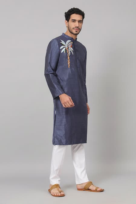 Shop_Hilo Design_Blue Silk, Satin Embroidery Sapp Tropical Placement Kurta _Online_at_Aza_Fashions