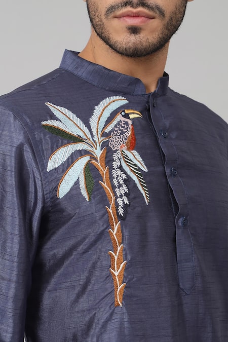 Hilo Design_Blue Silk, Satin Embroidery Sapp Tropical Placement Kurta _at_Aza_Fashions