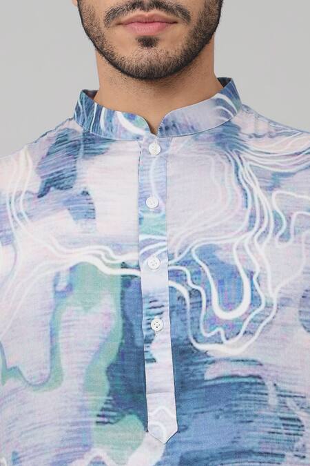 Hilo Design Blue Gingham Marble Print Kurta at Aza Fashions Hilo Design_Blue Gingham Marble Print Kurta _at_Aza_Fashions